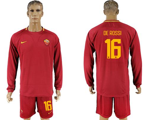 Roma #16 De Rossi Home Long Sleeves Soccer Club Jersey